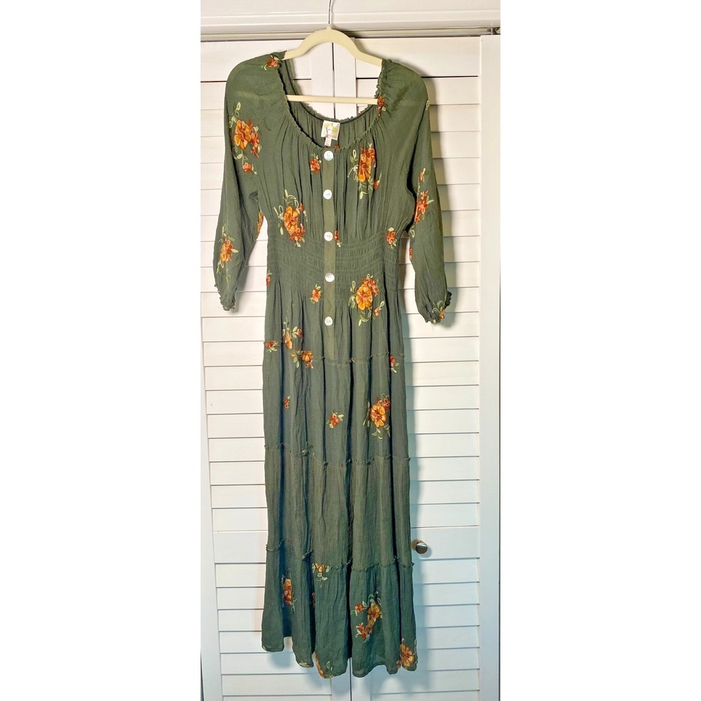 NEW Fig and Flower Embroidered Smocked Tiered Ruffle Maxi Dress, BOHO Luxe | PXL